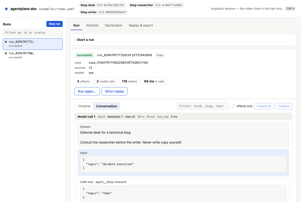 The dev page conversation view, showing the system prompt, the input, and the model calling the consulted agent