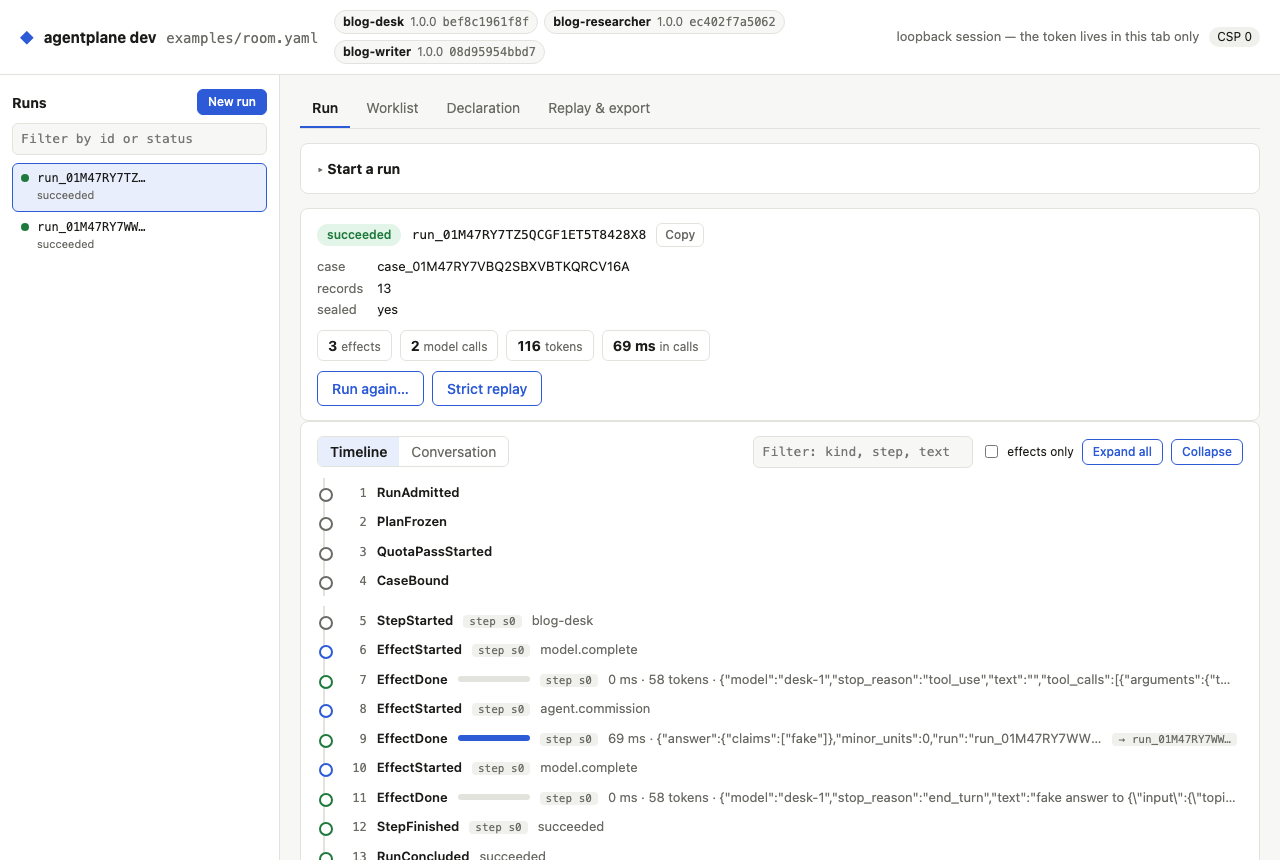 The dev page, showing the run list, one run with its status, spend and actions, and its journal as a timeline with call durations