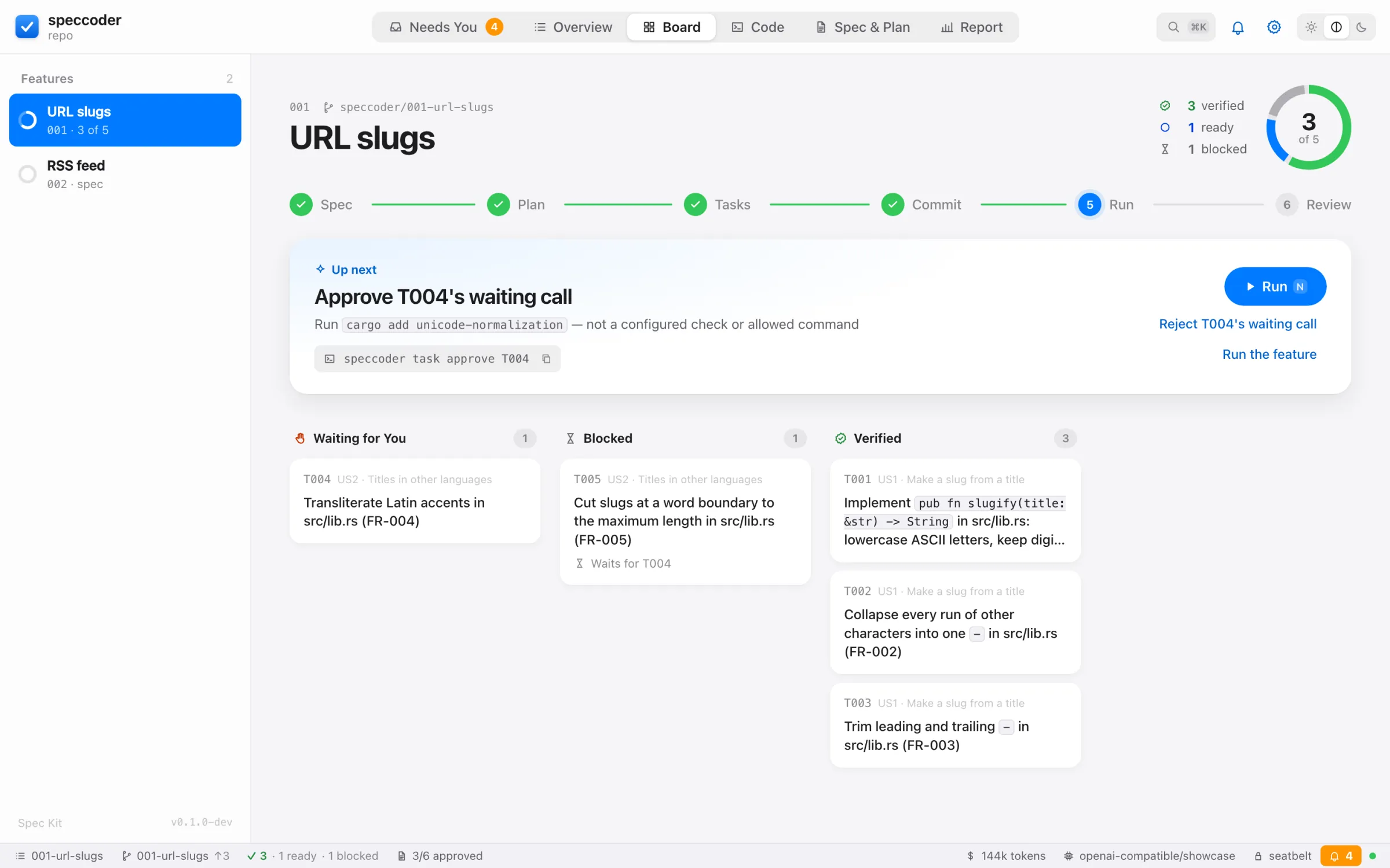 The board: tasks by verdict, the next step above them