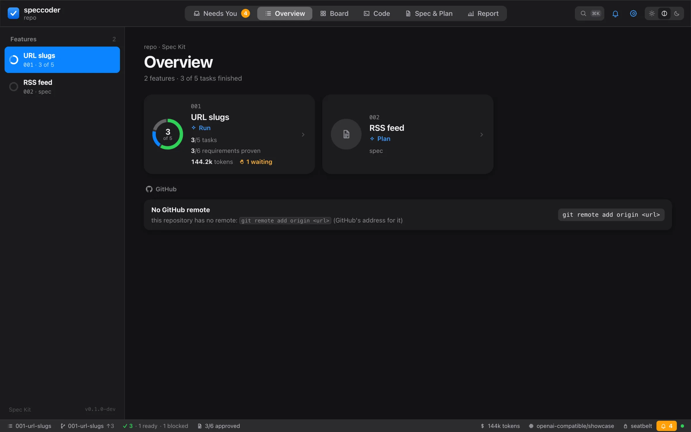 Overview: every feature with its progress and next step