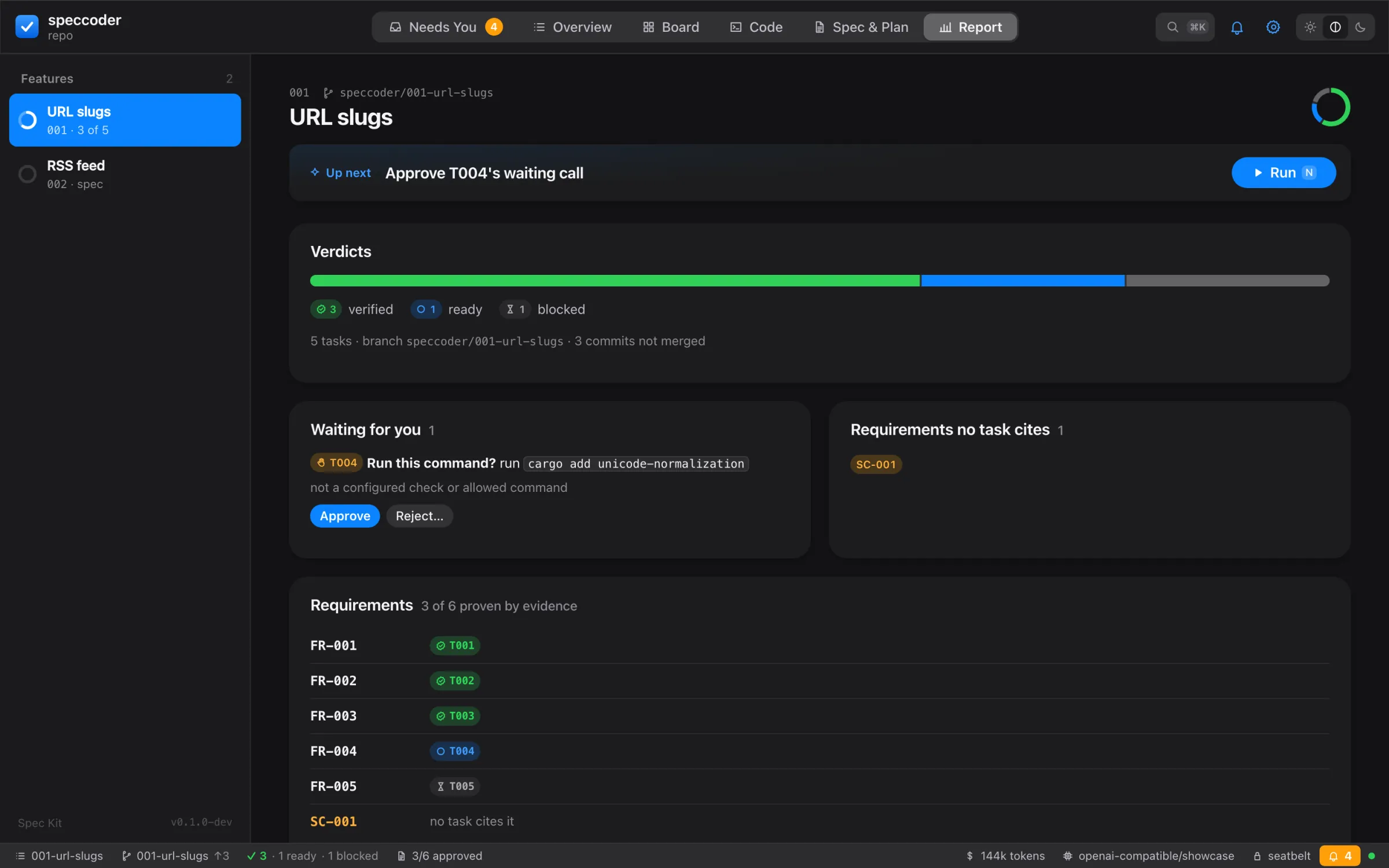 The report: verdicts, the waiting call and every requirement with the task that proves it