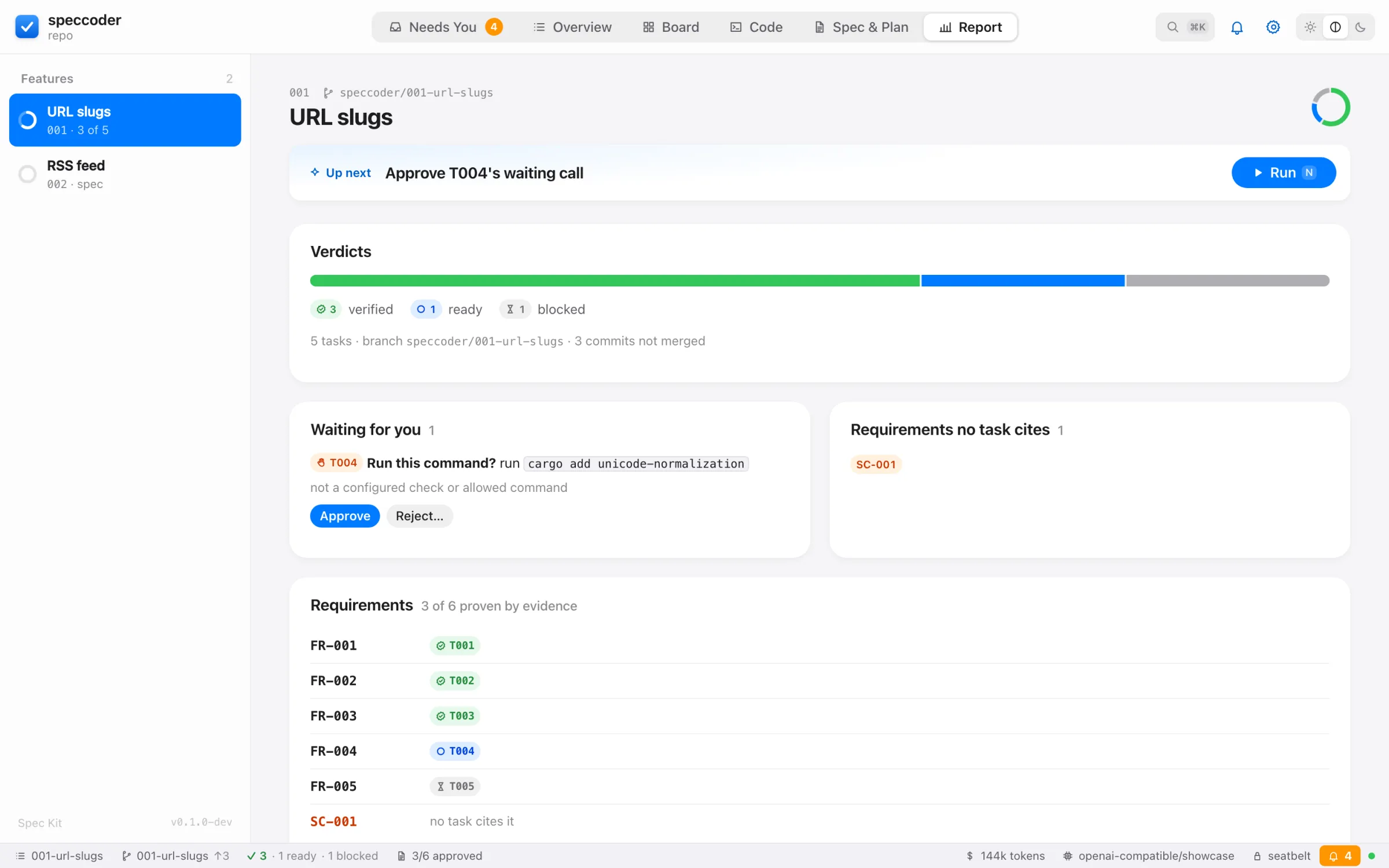 The report: verdicts, the waiting call and every requirement with the task that proves it